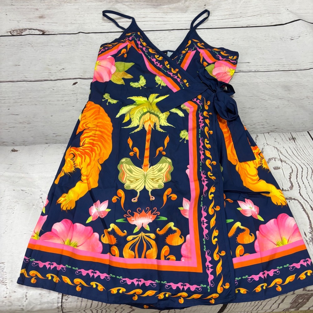 SHEIN Navy Tropical Tiger Butterfly Scarf Print Wrap Mini Dress Womens Medium 6